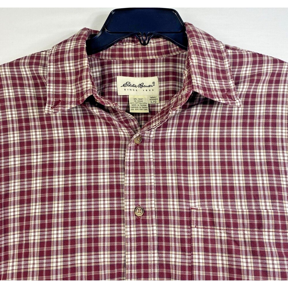 Eddie Bauer Mens Size Large Shirt Red and White Plaid Button Down Long Sleeve